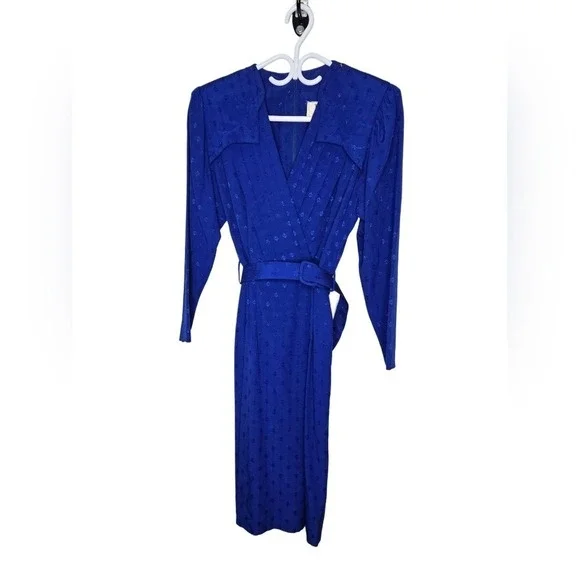 Vintage 80s Wrap Style Midi Dress Belted Classic Elegance Quiet Luxury Size‎ M - Picture 2 of 7